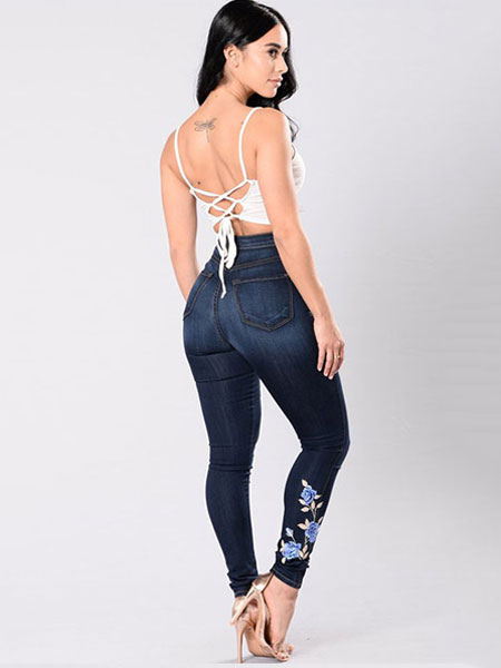 Women's Clothing Women's Bottoms | Women Denim Jeans Deep Blue Embroidered Skinny Long Jeans - FY88623