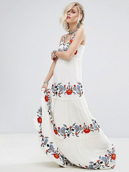 Белое длинное платье без рукавов Ремни вышитые Backless Maxi платья для жен...