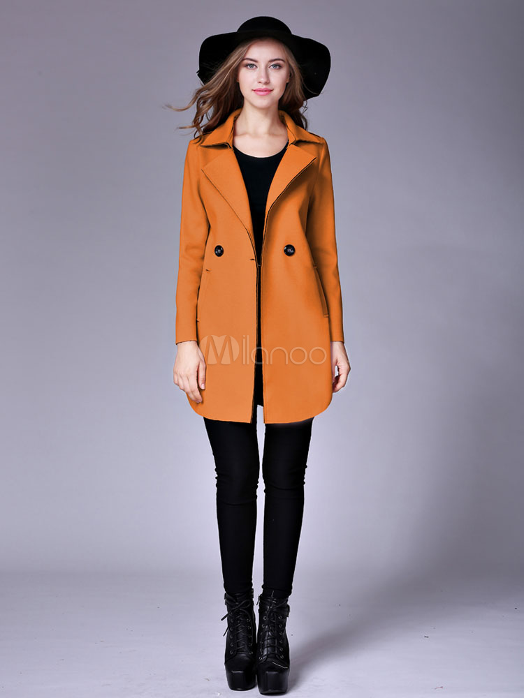 Women's Pea Coat Dark Orange Long Sleeve Notch Collar Trench Coats ...