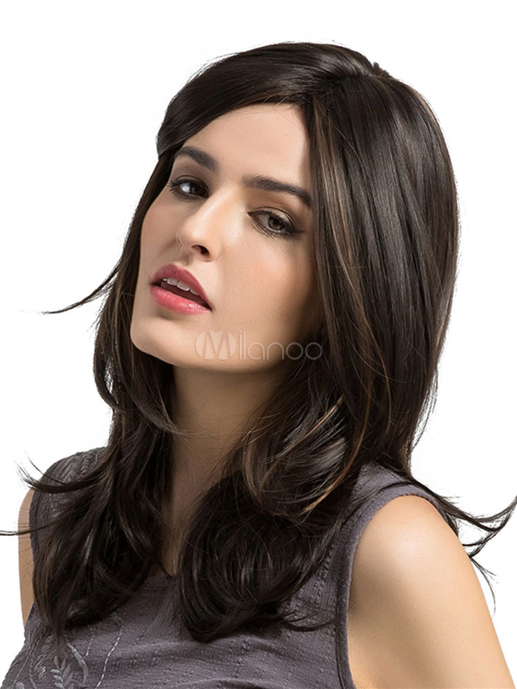 Highlighting Hair Wigs Tousled Natural Wave Brownish Black