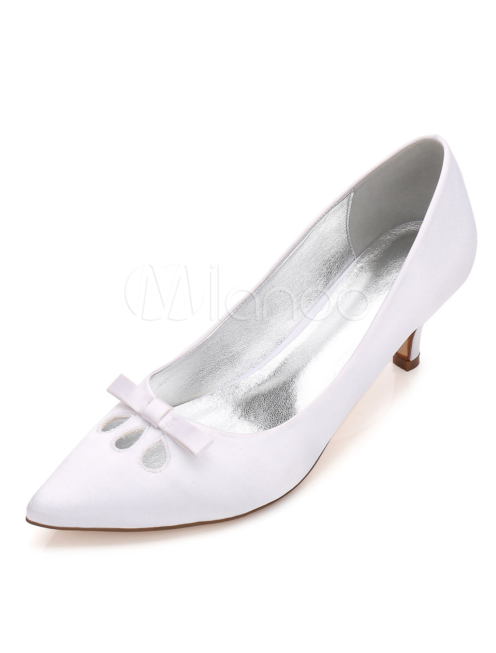 White Bridal Shoes Satin Pointed Toe Bow Cut Out Kitten Heel Wedding