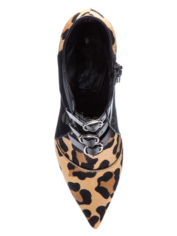 Women's Ankle Boots Cowhide Pointed Toe Leopard Printed Buckle Detail ...