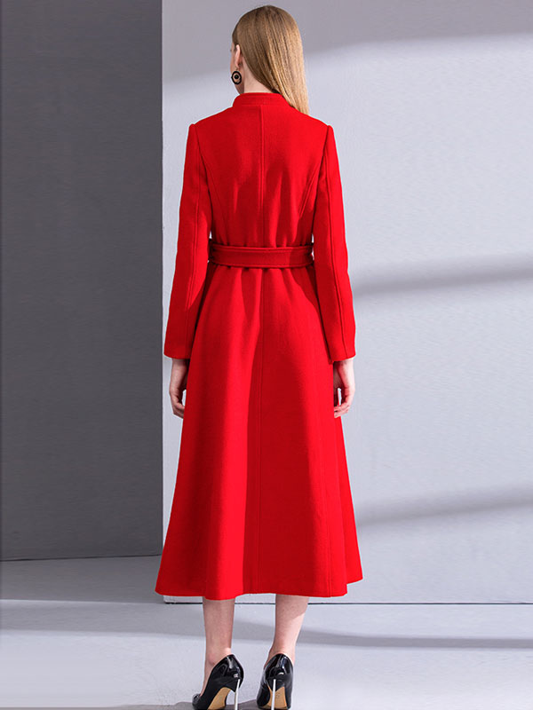 Women's Clothing Outerwear | Red Winter Coat Long Sleeve Stand Collar Women Wool Coats - SW36805