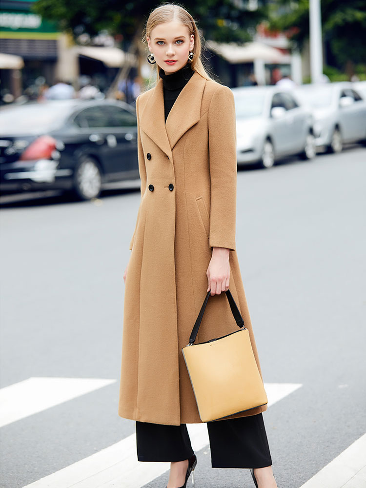 Women's Clothing Outerwear | Grey Pea Coat Long Sleeve Turndown Collar Shaping Women Wool Coats - SE23056