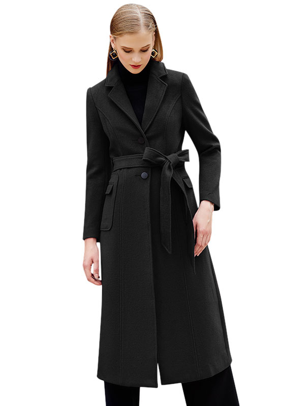 Women's Clothing Outerwear | Burgundy Winter Coat Long Sleeve Notch Collar Wool Wrap Coats For Women - FR38436
