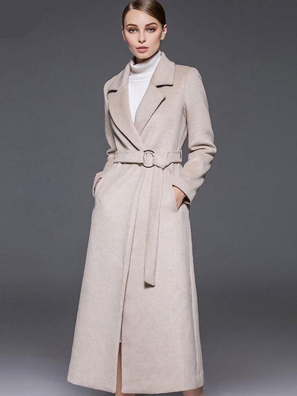 Ecru White Coat Notch Collar Long Sleeve Women's Winter Wool Coats ...