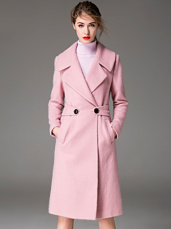 Women's Clothing Outerwear | Pink Pea Coat Notch Collar Long Sleeve Women Wool Coats - PQ13029