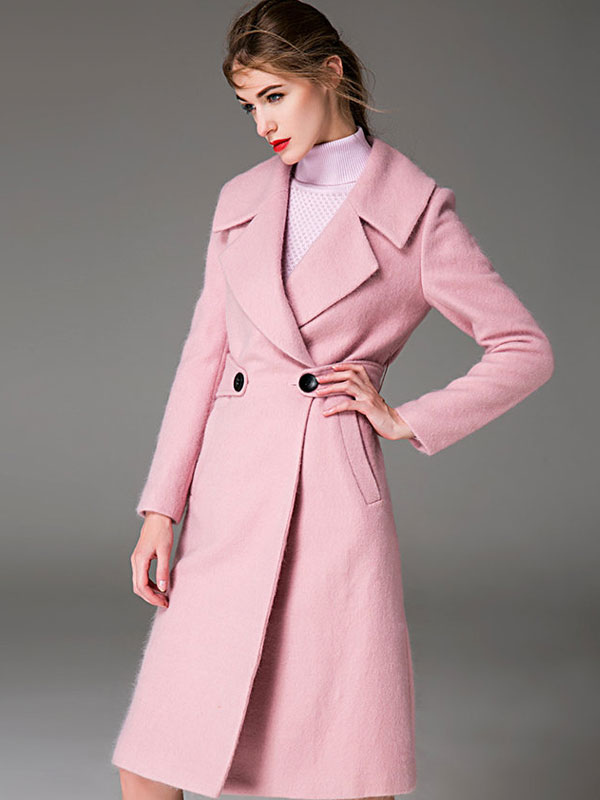Pink Pea Coat Notch Collar Long Sleeve Women's Wool Coats - Milanoo.com