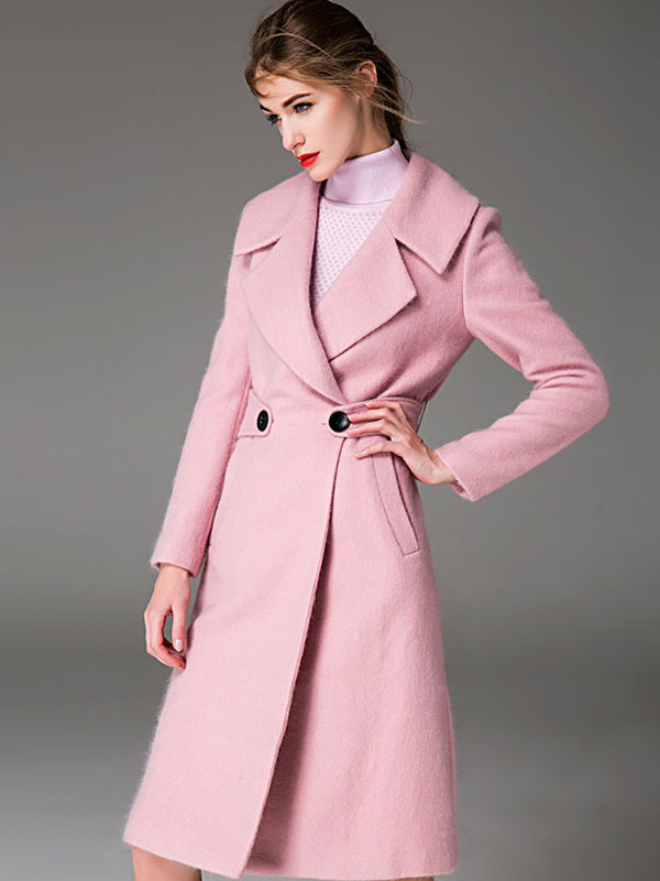 Pink Pea Coat Notch Collar Long Sleeve Women's Wool Coats