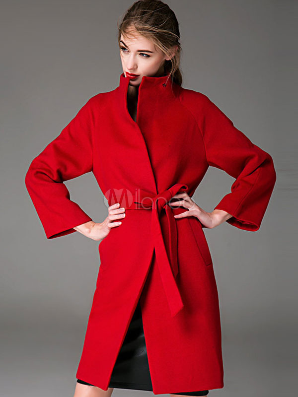Women Coat Red Wrap Coat Long Sleeves Stand Collar Winter Coats