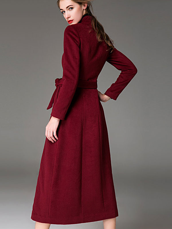 Women's Clothing Outerwear | Women Coat Burgundy Long Sleeves Button Up Sash Winter Coats - GM39526
