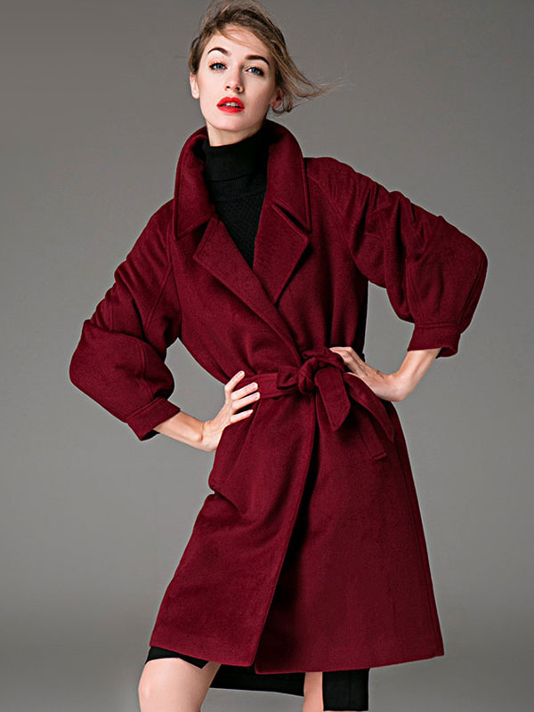 Moda Mujer Chaquetas | Abrigo de mezclada de lana con manga larga Cuello convertible Color liso con faja estilo informal - ZD52298