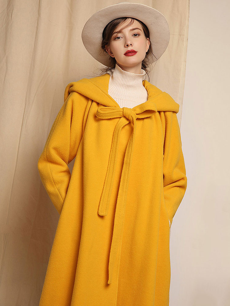 Women's Clothing Outerwear | Women Coat Yellow Oversized Long Sleeves Hooded Ribbon Tie Winter Cocoon Coat - WJ34838