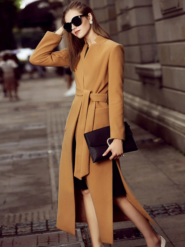 Women's Clothing Outerwear | Women Coat Brown Long Sleeves Sash Wrap Coat Split Winter Coats - HM15182