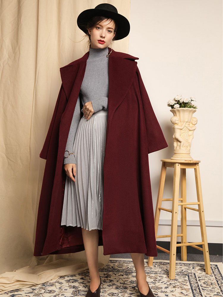 Women's Clothing Outerwear | Burgundy Winter Coat Long Sleeve Notch Collar Women Wool Coats - UA00922