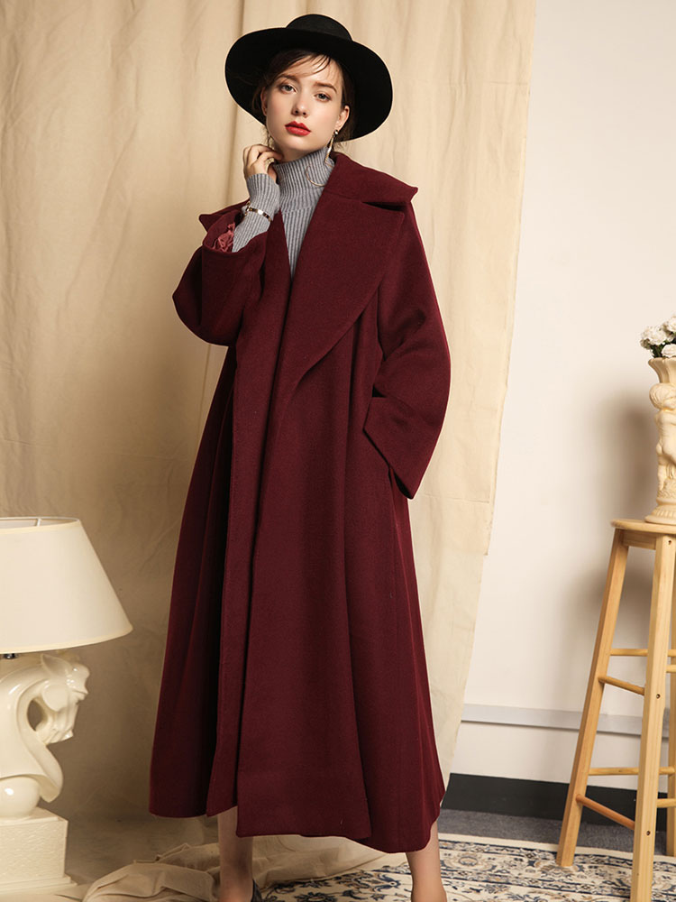 Burgundy Winter Coat Long Sleeve Notch Collar Women Wool Coats ...