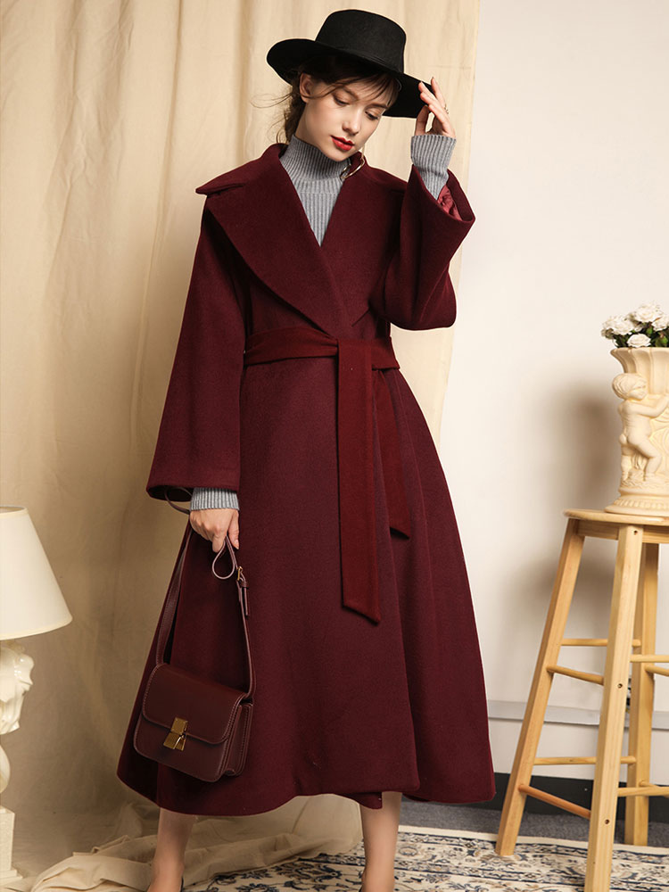 Burgundy Winter Coat Long Sleeve Notch Collar Women's Wool Coats ...