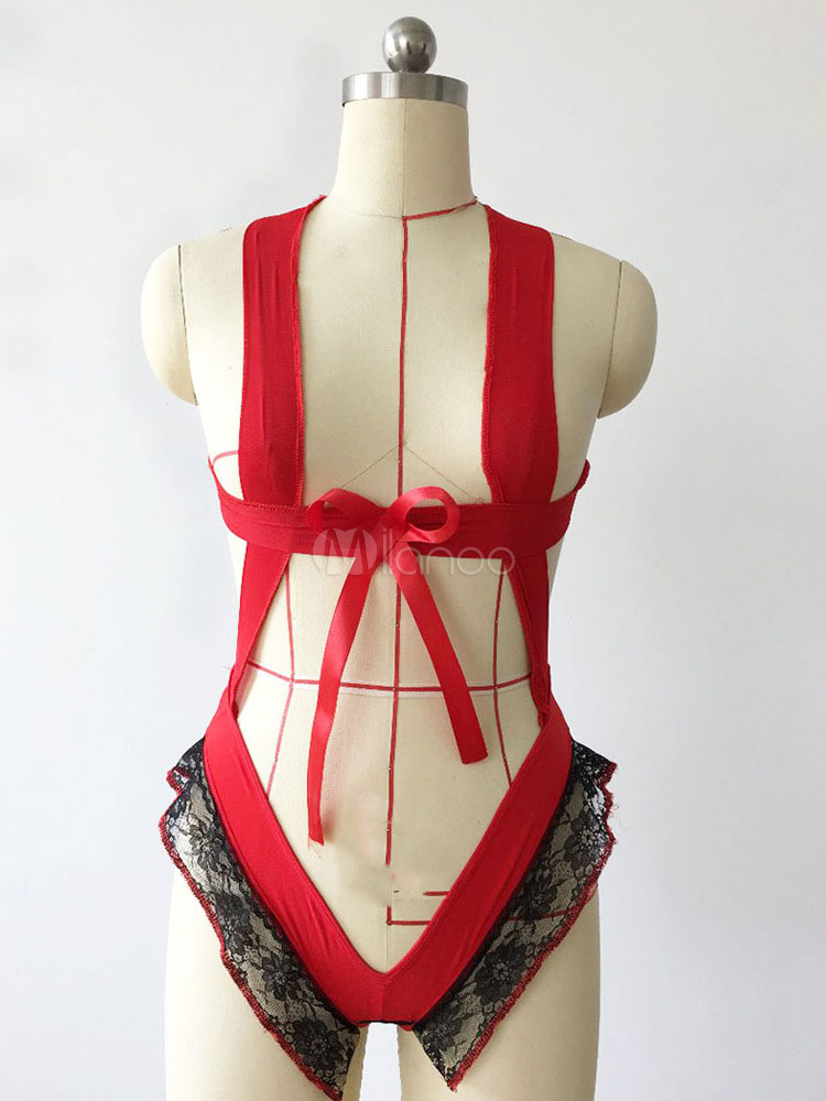 Silk Red Teddies Lace Patch Frill Bowknot Two Tone Open Bust Backless Sexy Lingerie 4537