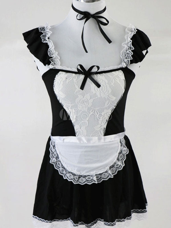 Black Sexy Lingerie Maid Costume Lace Two Tone Backless Women S Dress With T Back