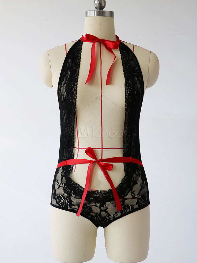 Womens Lace Teddies Ribbon Bow Open Bust Backless Two Tone Sexy