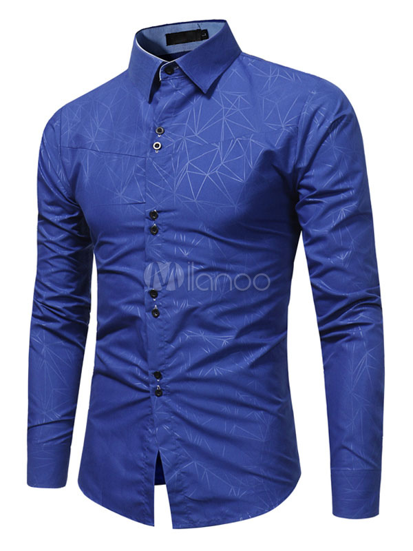 Men's Casual Shirt Royal Blue Long Sleeve Printed Turndown Collar ...