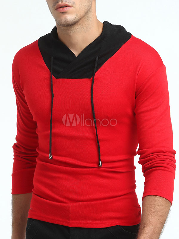 Men's T Shirt Hooded Light Tan V Neck Long Sleeve Two Tone Regular Fit