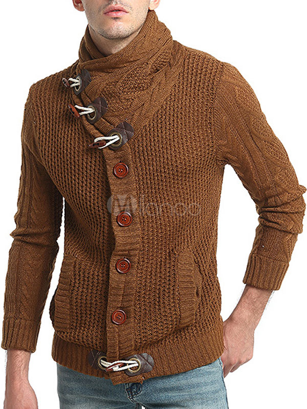 Black Men's Cardigan Long Sleeve Designed Neck Regular Fit Sweater ...