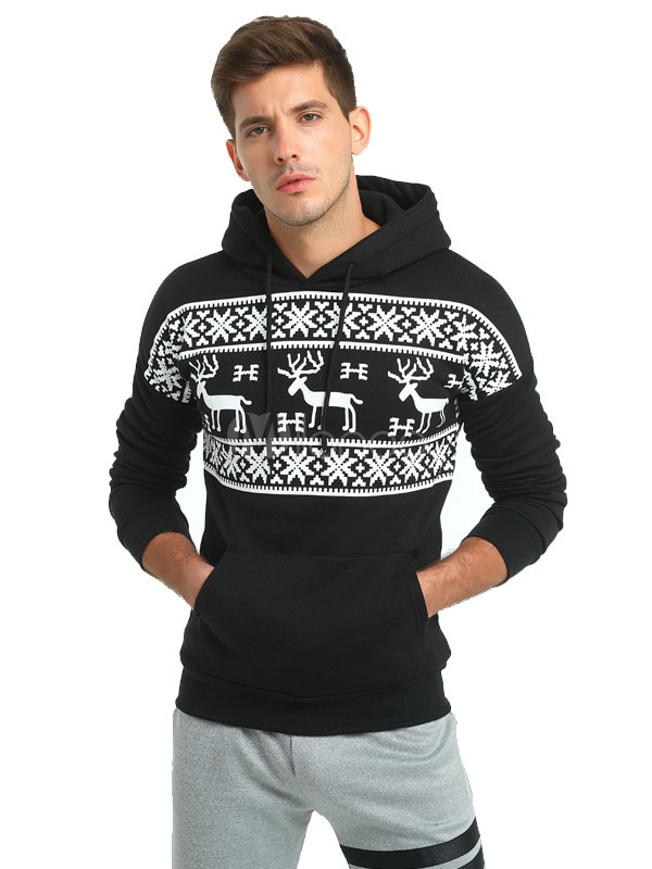 Red Pullover Hoodie Hooded Long Sleeve Animal Print Regular Fit Men's