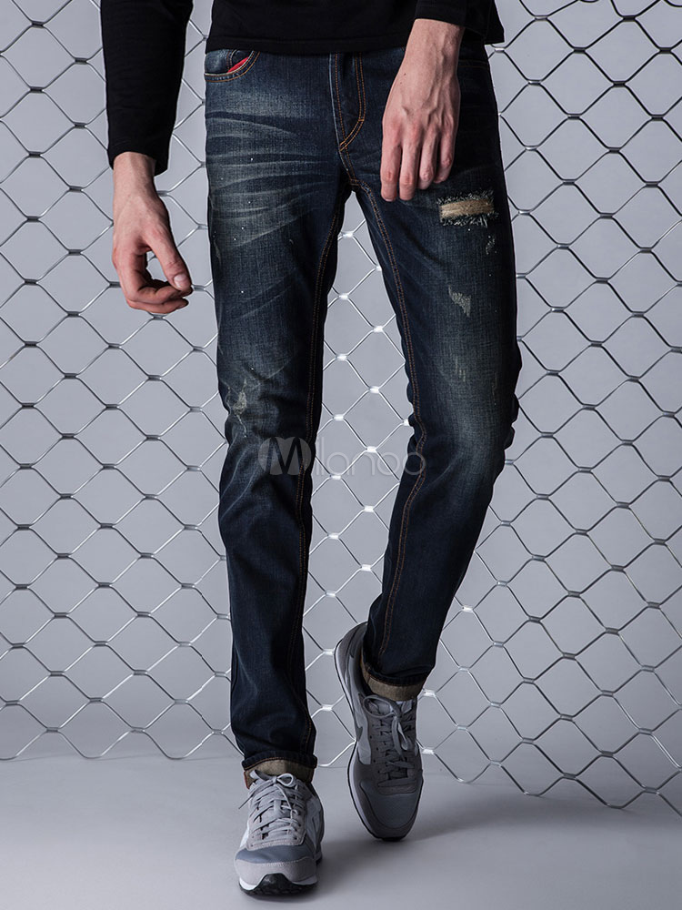 Jeans uomo in denim blu scuri jeans lungi dritti monocolore casuale -  Milanoo.com