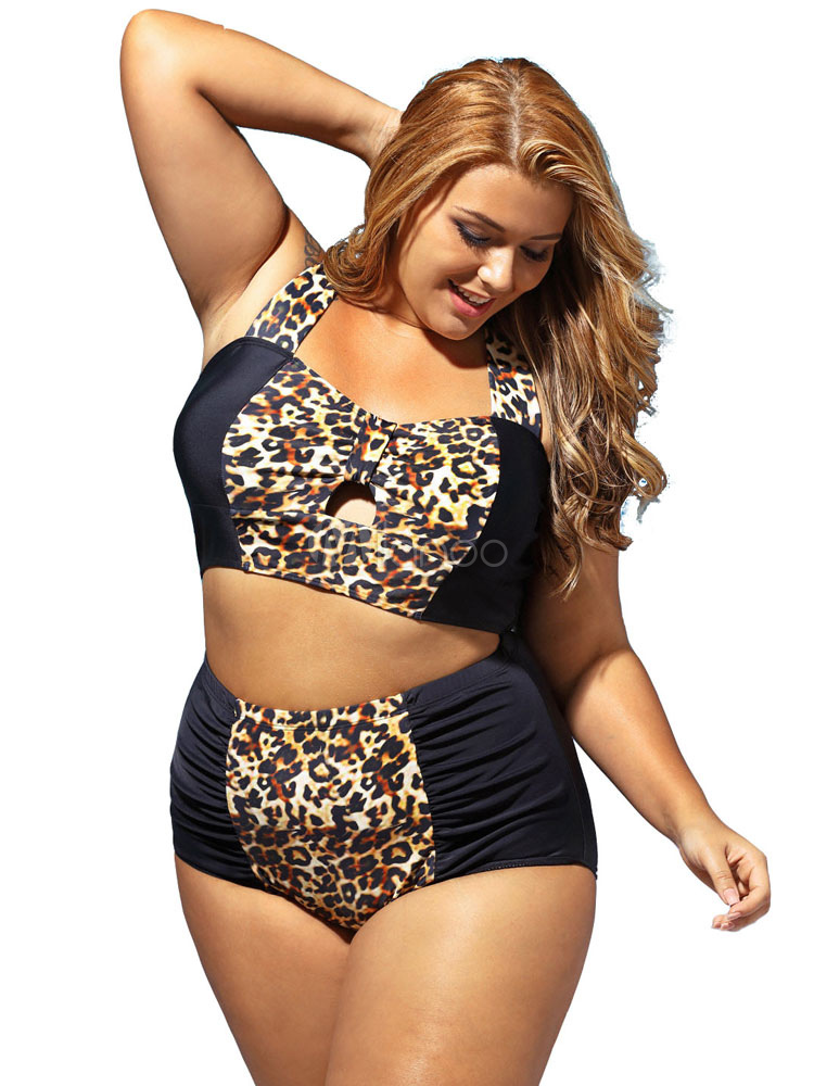 Blonde Bathing Suits Straps Sleeveless Leopard Print High Waisted Two