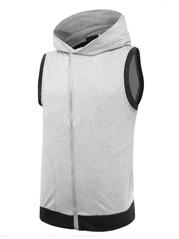 Grey Sleeveless Hoodie Men's Hooded Zip Up Regular Fit Sweatshirt