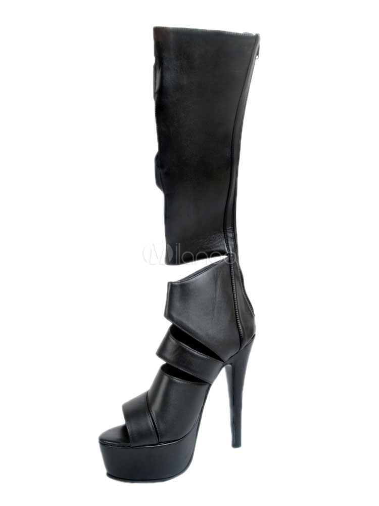 Sexy Knee High Boots High Heel Black Open Toe Cut Out High Boots For ...
