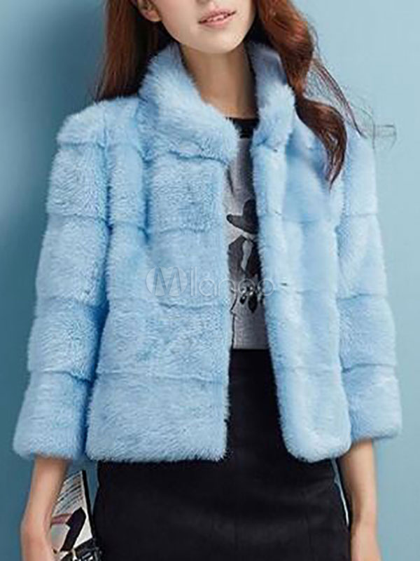 Ärmel Kunstpelz Mantel Lange 2019 Für Stehkragen Winter Blau Kurz Mantels Frauen xBeoCrd