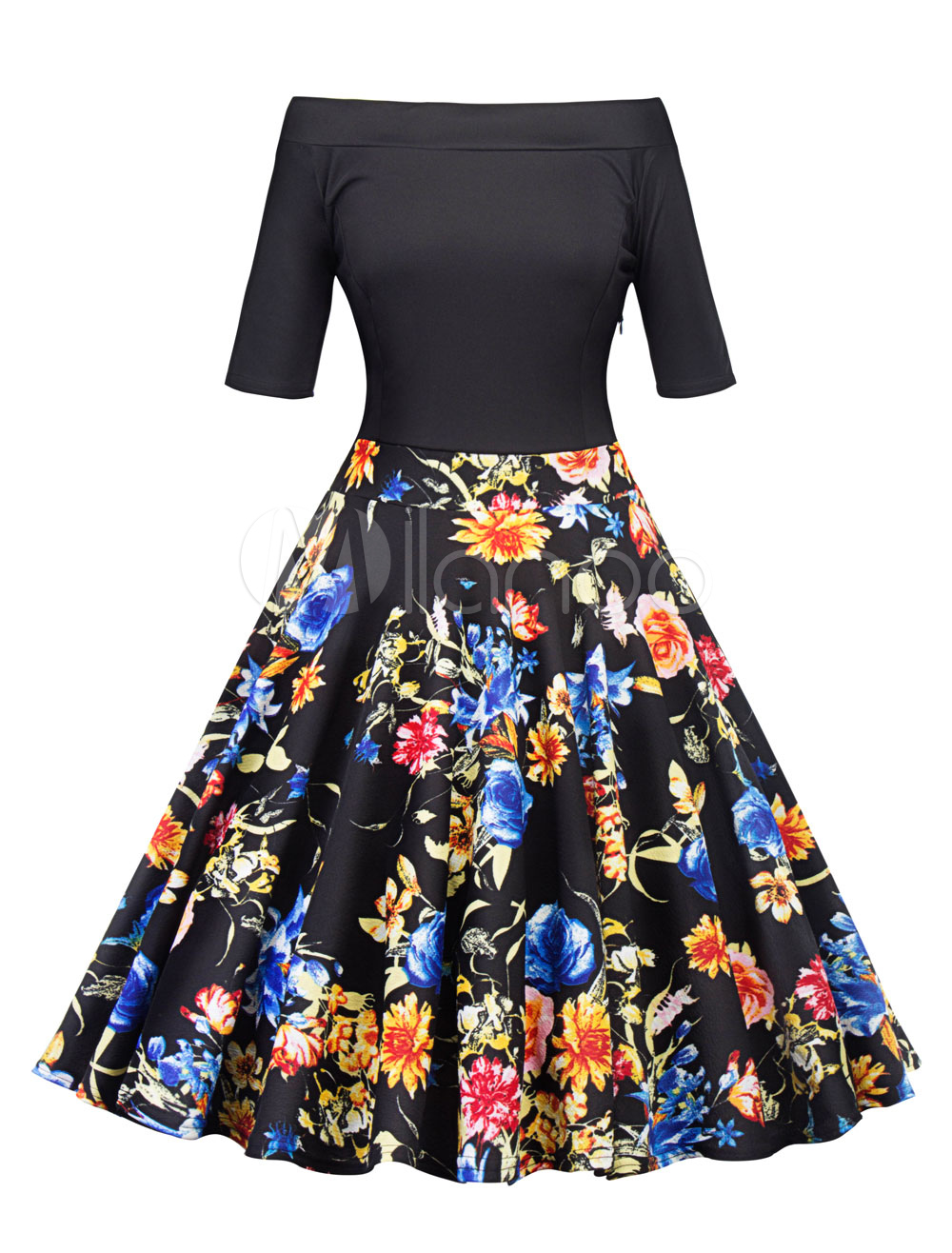 Black Vintage Dress 1950s Off The Shoulder Floral Print Short Sleeve ...