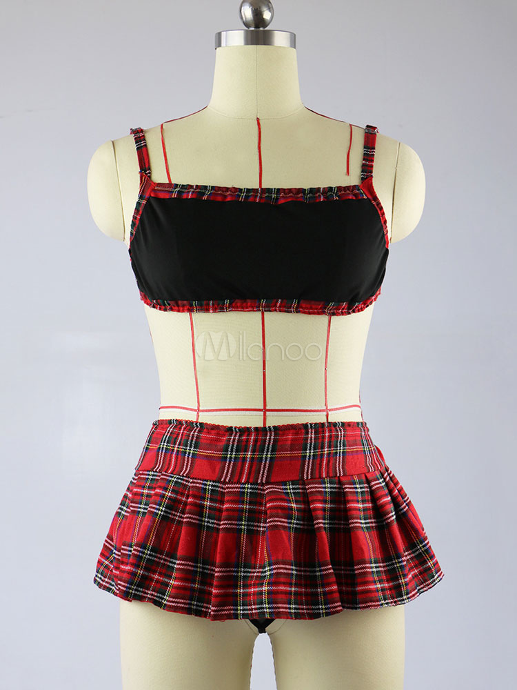 Sexy School Girl Costume Halloween Black Plaid Mini Skirt With Bra