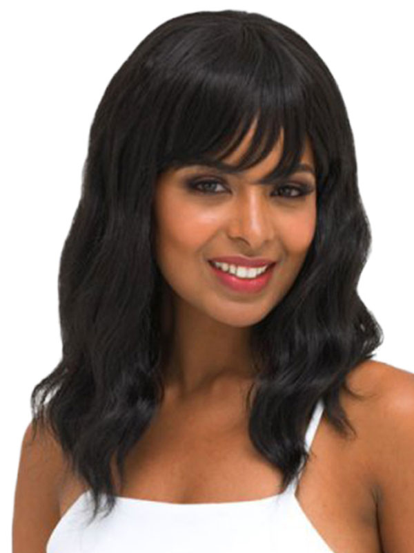 Human Hair Wigs Tousled Natural Wave Shoulder Length Women S Black