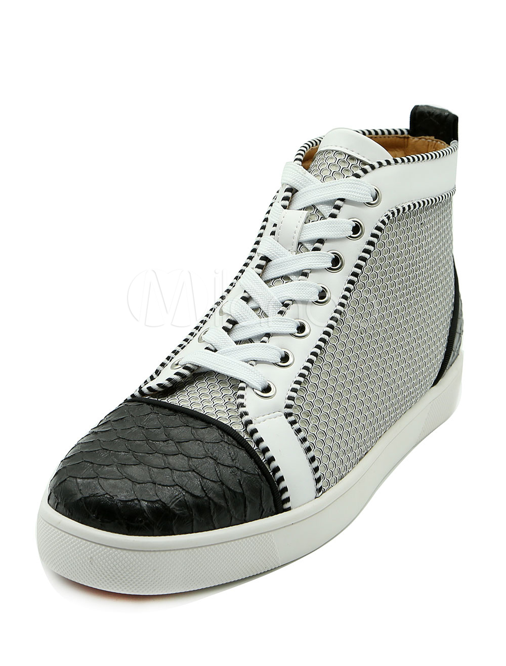 White Skate Shoes Lace Up Round Toe Two Tone Men's Sneakers