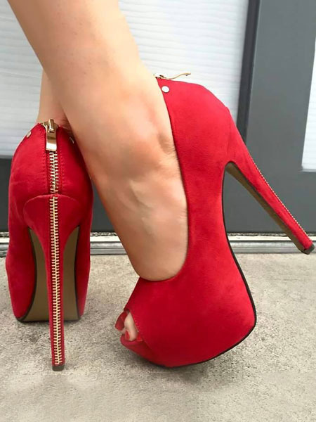 red closed toe pumps