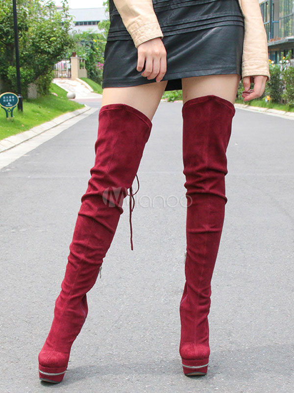 ニーハイブーツ スーパーロングブーツ レディース靴 ワインレッド ヌバック スティレットヒール 女性用 丸いつま先 シック モダン ストリートウェア Milanoo Jp