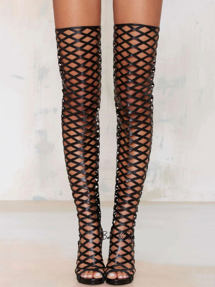 Black Sexy Shoes Over Knee High Heel Open Toe Cut Out Thigh High Boots ...