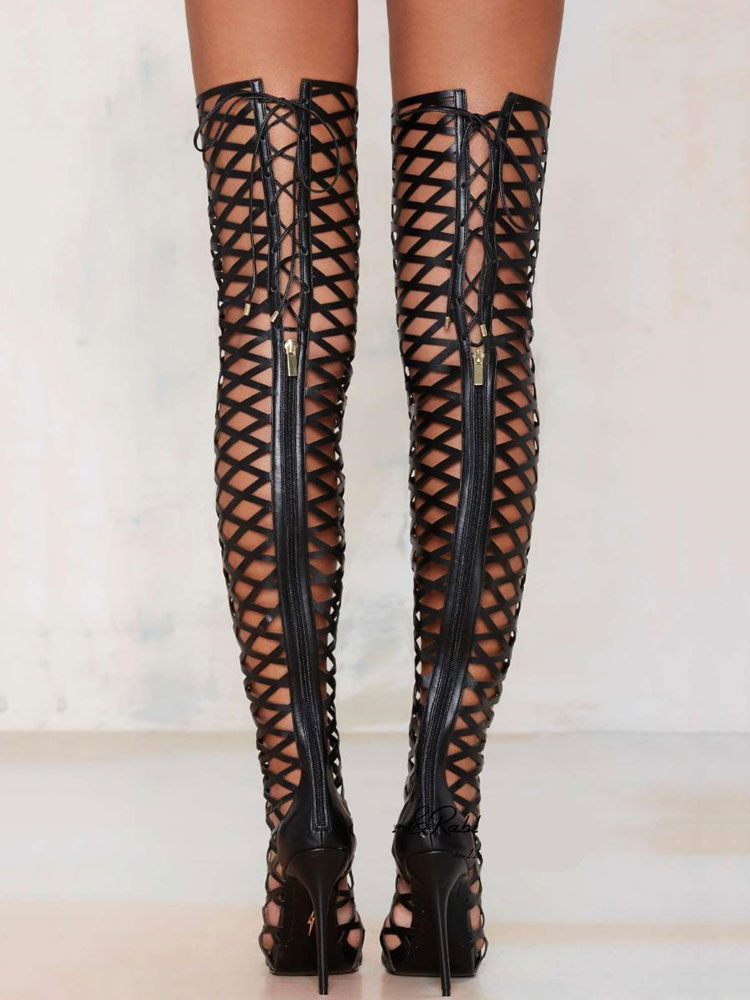 Black Sexy Shoes Over Knee High Heel Open Toe Cut Out Thigh High Boots ...