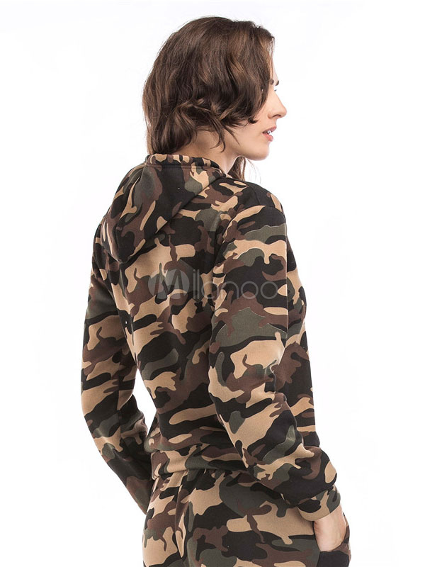 Hunter Green Hoodie Women's Hooded Long Sleeve Camo Print Fleece
