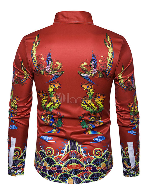 Red Casual Shirt Regular Fit Long Sleeve Turndown Collar Dragon And ...