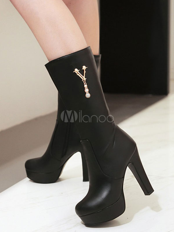 Winter Women's Boots Round Toe Chunky Heel Metal Details Ecru White Mid