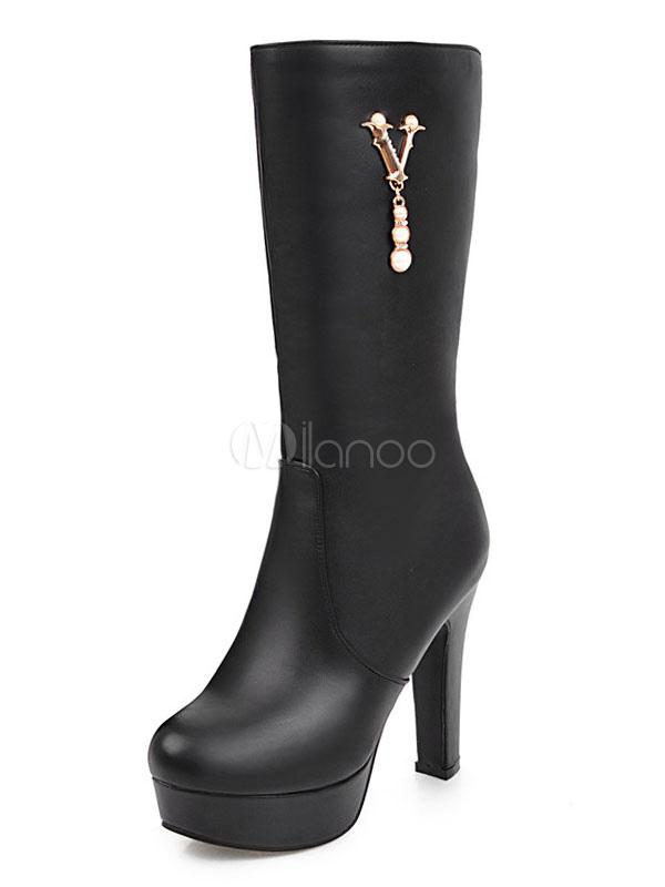 Winter Women's Boots Round Toe Chunky Heel Metal Details Ecru White Mid