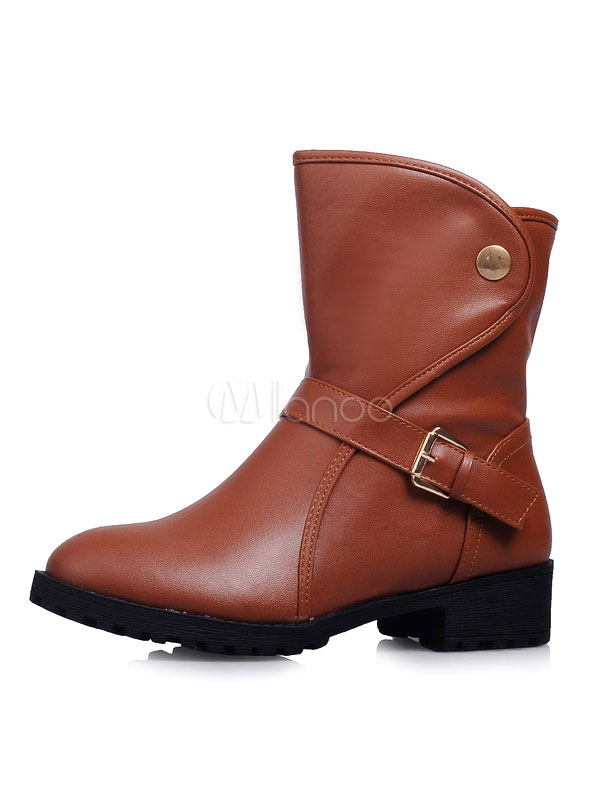 Brown Ankle Boots Women's Round Toe Buckle Detail Slip On Booties ...