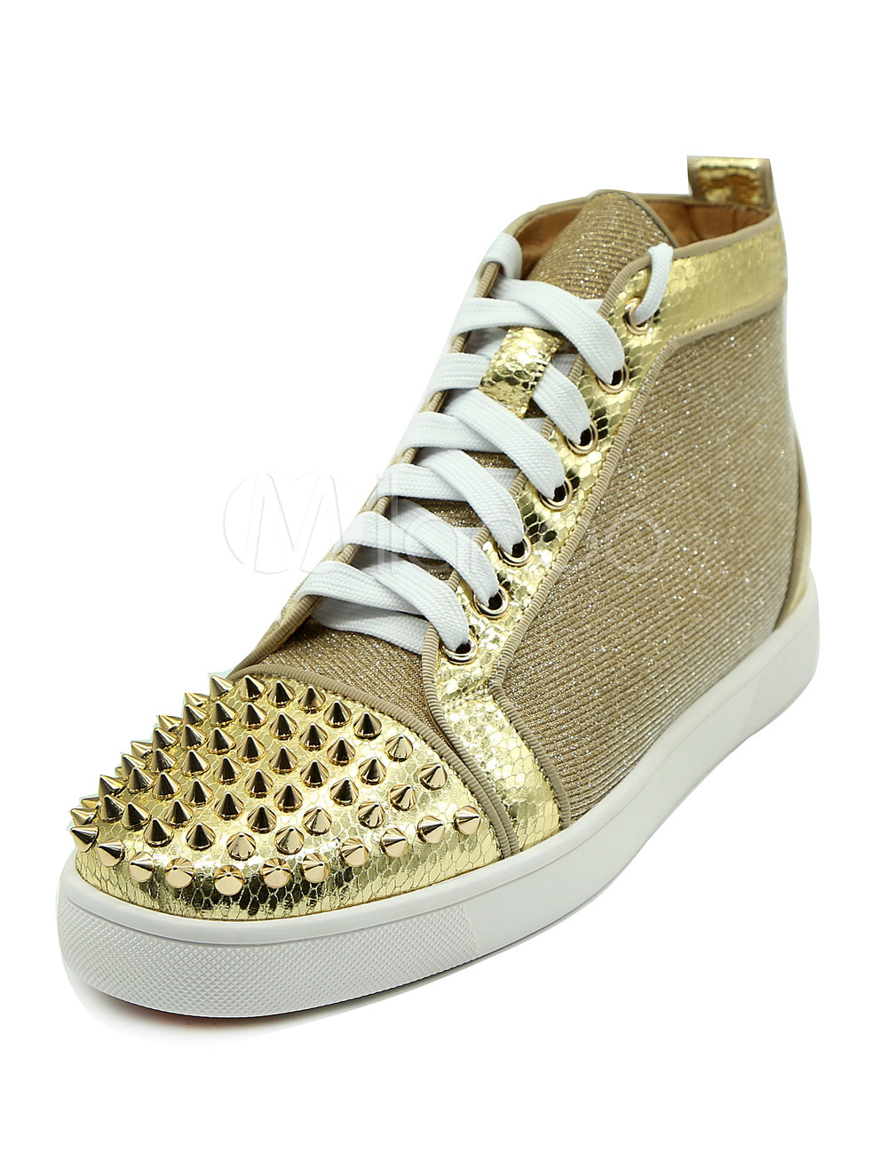 Gold Men's Sneakers Round Toe Flat Rivets Skate Shoes