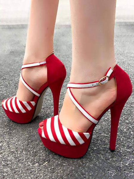 Red High Heels Peep Toe Suede Platform 