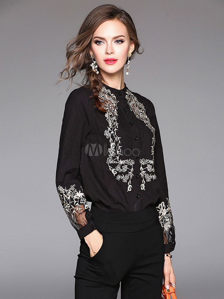 Women's Black Blouse Stand Collar Long Sleeve Embroidered Cotton Top ...