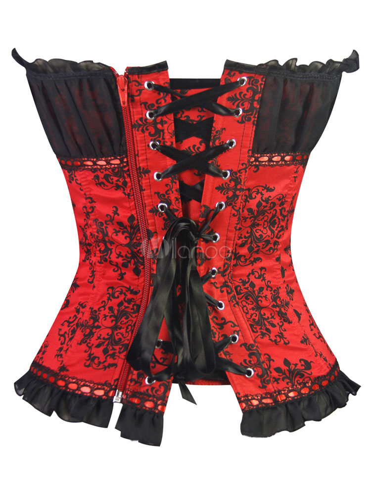 Red Waist Corset Strapless Sweetheart Neck Sleeveless Ruffles Two Tone